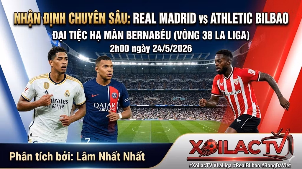 Hình ảnh nhận định trực tiếp trận đấu Real Madrid vs Athletic Bilbao với cuộc đối đầu giữa Kylian Mbappé và Iñaki Williams trên Xoilac TV.