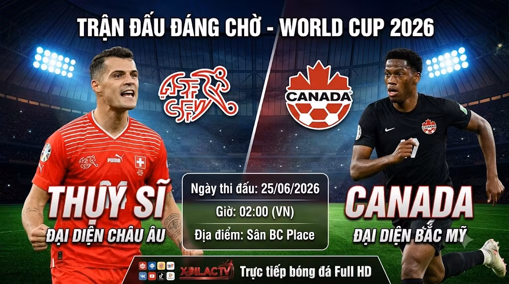 Nhận định và soi kèo trận đấu Thụy Sĩ vs Canada tại bảng B World Cup 2026 trực tiếp trên Xoilac TV.