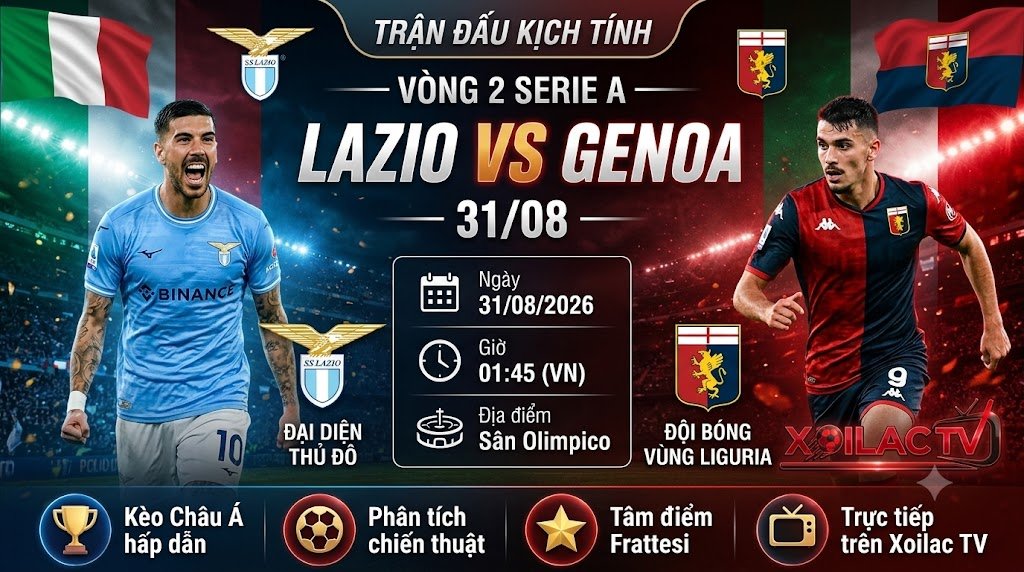 Ảnh bìa nhận định soi kèo trận đấu giữa Lazio vs Genoa vòng 2 Serie A lúc 01h45 ngày 31/08 trực tiếp trên Xoilac TV.
