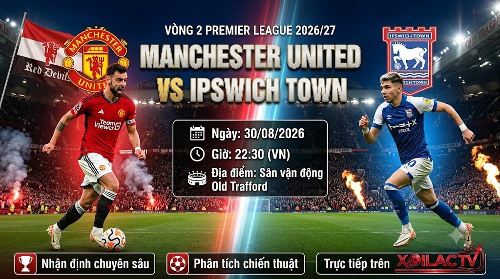 Ảnh bìa nhận định trận đấu MU vs Ipswich lúc 22h30 ngày 30/08 vòng 2 Ngoại hạng Anh 2026/27.