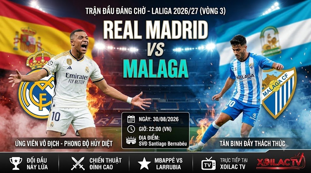 Poster nhận định trận đấu giữa Real Madrid vs Malaga vòng 3 La Liga 2026 trên Xoilac TV