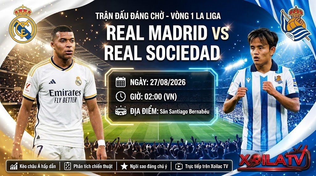 Nhận định soi kèo trận đấu giữa Real Madrid vs Real Sociedad lúc 02h00 ngày 27/08/2026 chi tiết tại Xoilac TV.