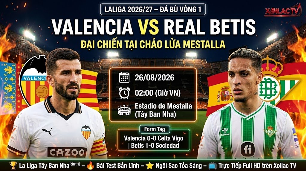 Nhận định trực tiếp bóng đá Valencia vs Real Betis đá bù vòng 1 La Liga lúc 02h00 ngày 26/08 cùng chuyên gia Xoilac TV.