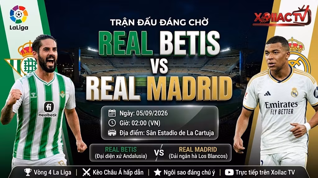 Hình ảnh nhận định, soi kèo trận đấu giữa Real Betis vs Real Madrid lúc 02h00 ngày 05/09 vòng 4 La Liga. Trực tiếp bóng đá tốc độ cao trên Xoilac TV.
