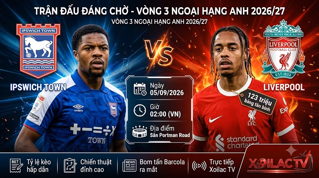 Ảnh bìa nhận định trận đấu Ipswich Town vs Liverpool vòng 3 Ngoại hạng Anh trực tiếp trên Xoilac TV.