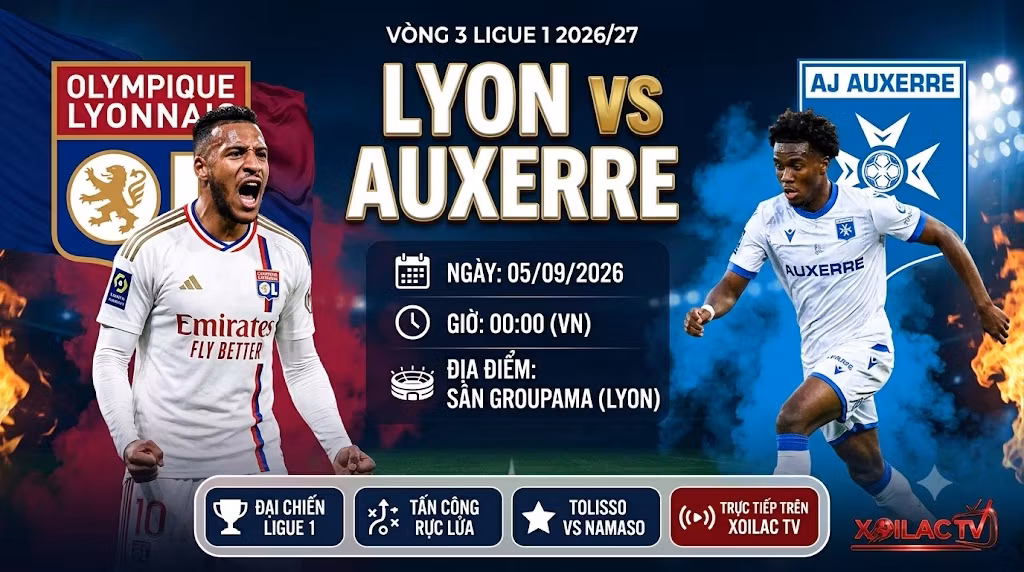 Nhận định, soi kèo trận đấu Lyon vs Auxerre lúc 00h00 ngày 5/9 - Trực tiếp bóng đá trên Xoilac TV.