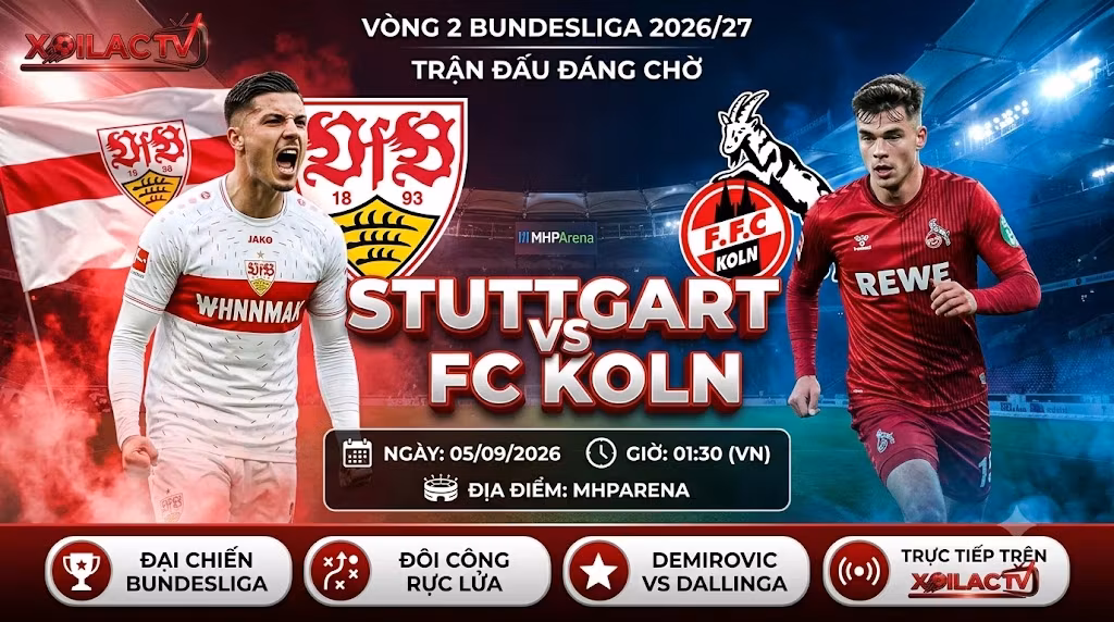 Nhận định, soi kèo trận đấu Stuttgart vs FC Koln lúc 01h30 ngày 5/9 - Trực tiếp bóng đá Bundesliga trên Xoilac TV.